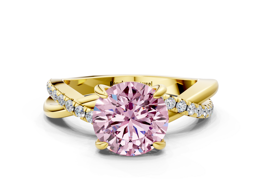 Yellow gold Fancy Pink Round  Cut Diamond Twist Band Solitaire with Prong Setting