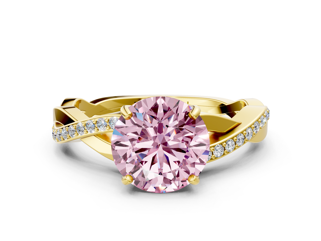 Yellow gold Fancy Pink Round  Cut Diamond Twisted Band Engagement Ring with Prong Setting_3