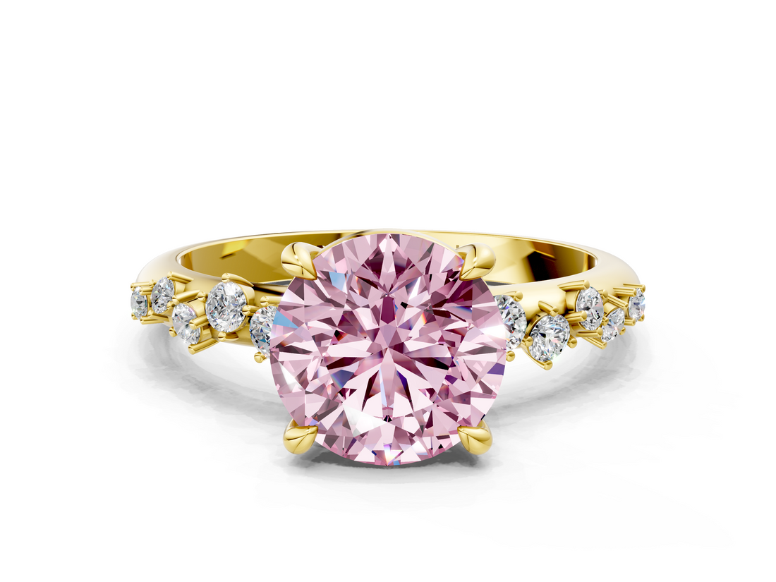 Yellow gold Fancy Pink Round  Cut Diamond Vine Band with Four-Prong Setting