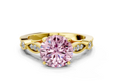 Yellow gold Fancy Pink Round  Cut Diamond with Milgrain Marquise and Bezel Accents on a Solitaire Band with Prong Setting