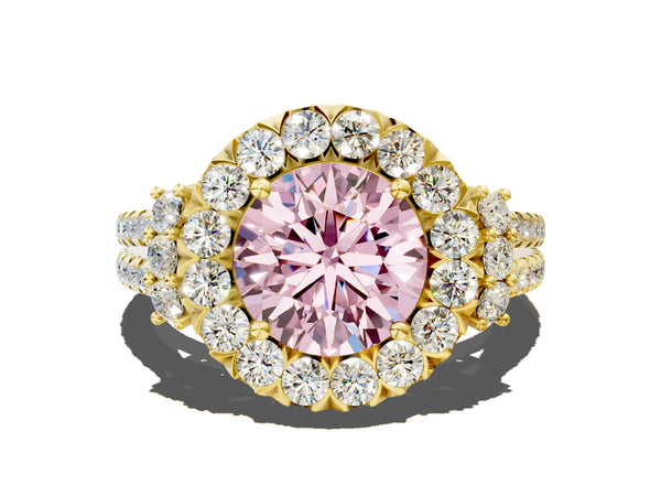 Yellow gold Fancy Pink Round  Cut Double Halo Diamond Engagement Ring with Pave Band and Four-Prong Setting