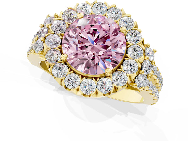Yellow gold Fancy Pink Round  Cut Double Halo Diamond Engagement Ring with Pave Band and Four-Prong Setting