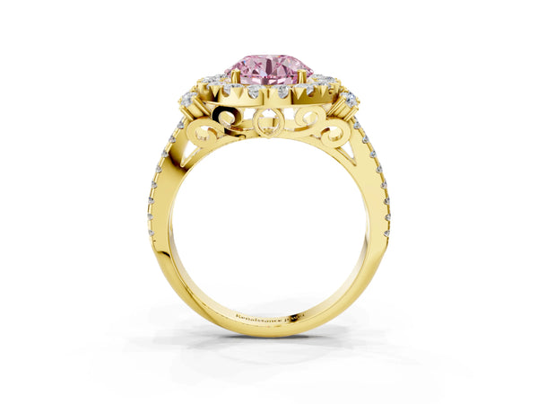 Yellow gold Fancy Pink Round  Cut Double Halo Diamond Engagement Ring with Pave Band and Four-Prong Setting