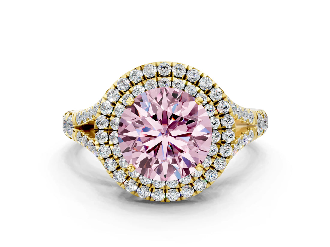 Yellow gold Fancy Pink Round  Cut Double Halo Split Shank Diamond Ring with Prong Setting_28