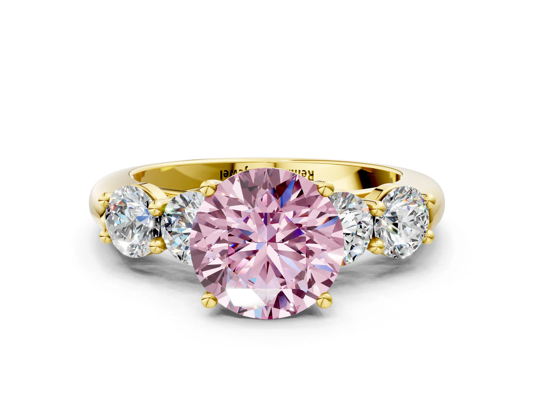 Yellow gold Fancy Pink Round  Cut Five-Stone Prong Set Diamond Ring with Classic Band_29