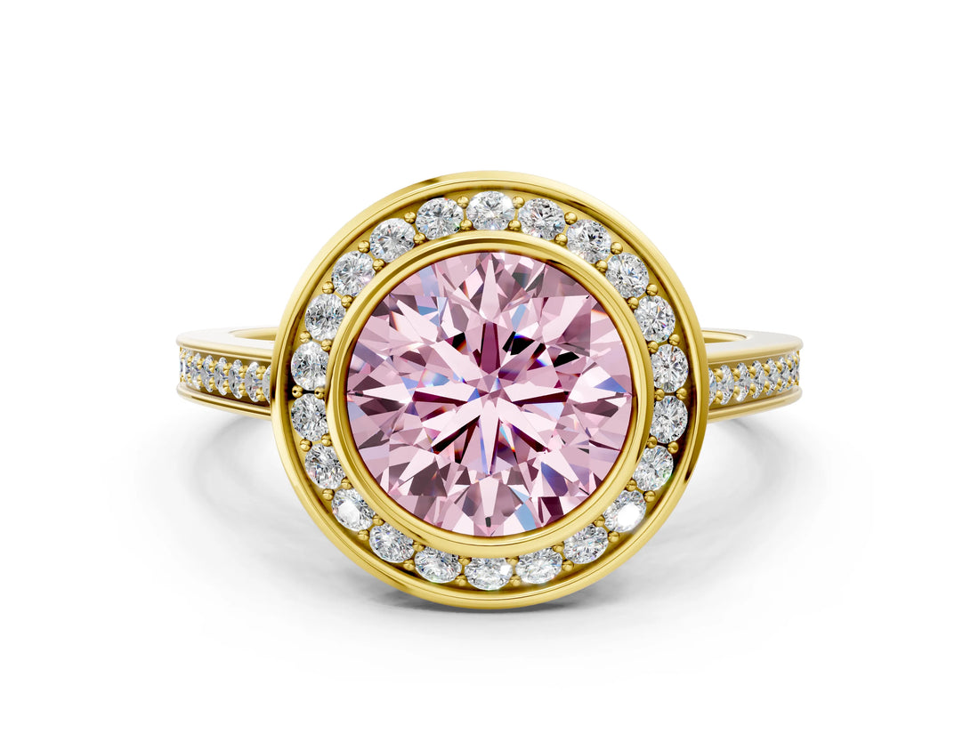 Yellow gold Fancy Pink Round Cut Halo Bezel Diamond Pave Band Ring