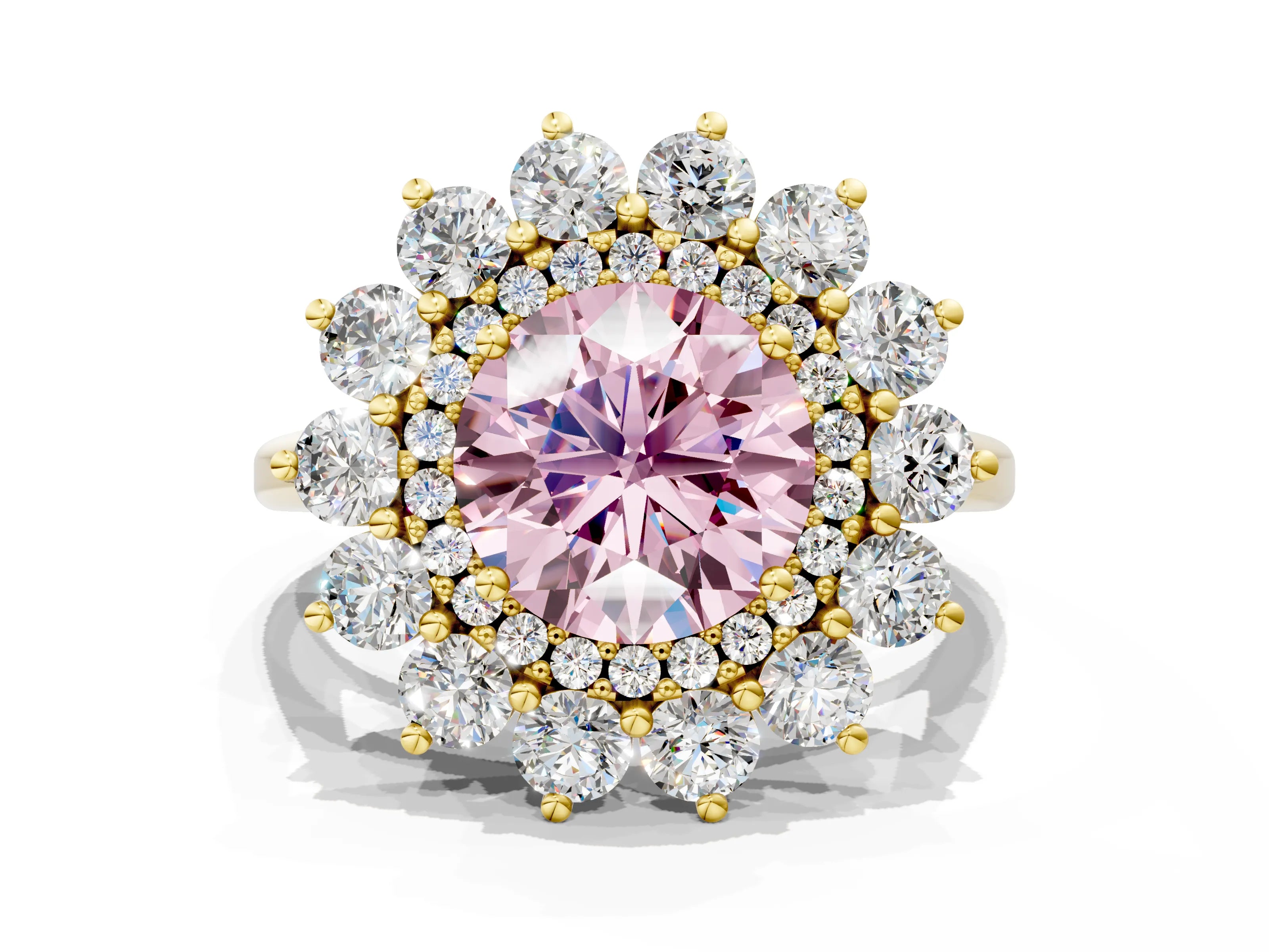 Yellow gold Fancy Pink Round Cut Halo Cluster Diamond Ring with Pave Band and Four-Prong Setting