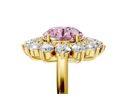 Yellow gold Fancy Pink Round Cut Halo Cluster Diamond Ring with Pave Band and Four-Prong Setting_17