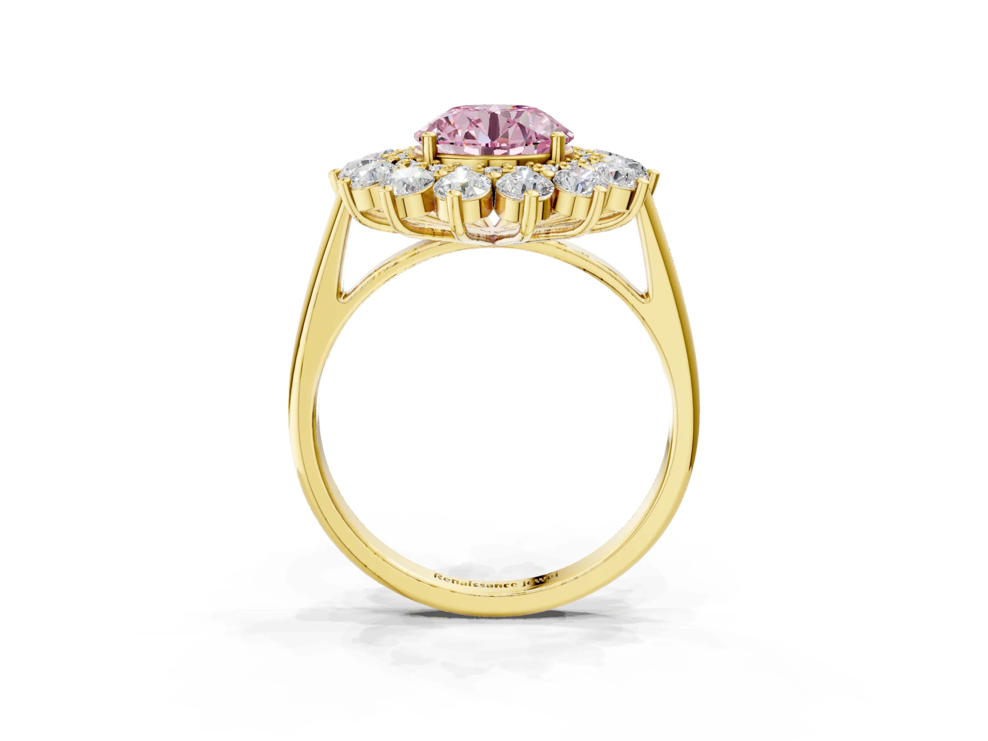 Yellow gold Fancy Pink Round Cut Halo Cluster Diamond Ring with Pave Band and Four-Prong Setting_3