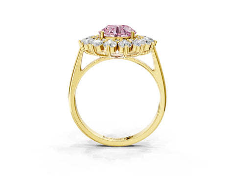 Yellow gold Fancy Pink Round Cut Halo Cluster Diamond Ring with Pave Band and Four-Prong Setting_3