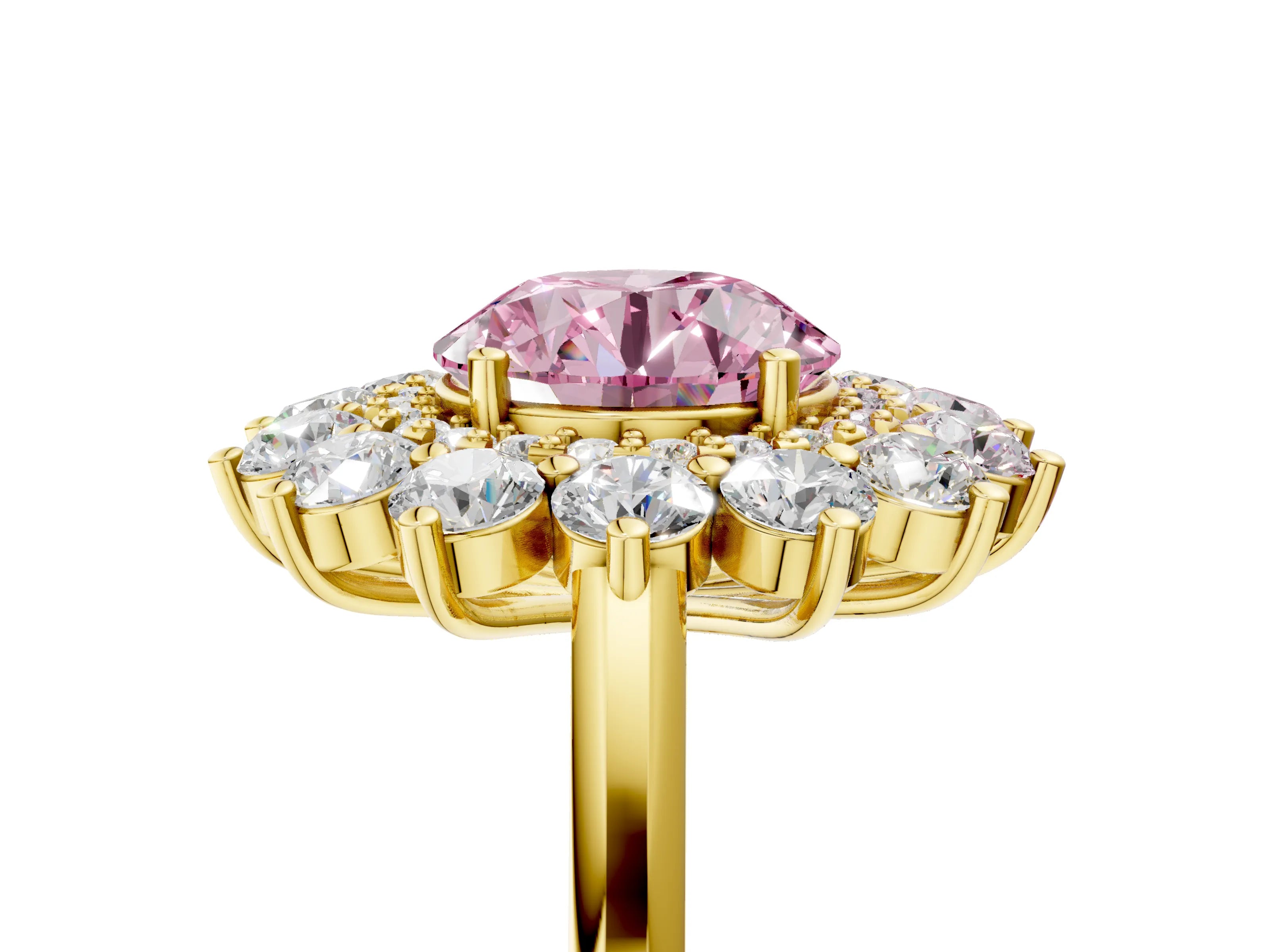 Yellow gold Fancy Pink Round Cut Halo Cluster Diamond Ring with Pave Band and Four-Prong Setting_5