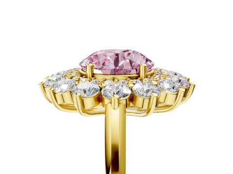 Yellow gold Fancy Pink Round Cut Halo Cluster Diamond Ring with Pave Band and Four-Prong Setting_5
