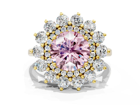 Yellow gold Fancy Pink Round Cut Halo Cluster Diamond Ring with Pave Band and Four-Prong Setting