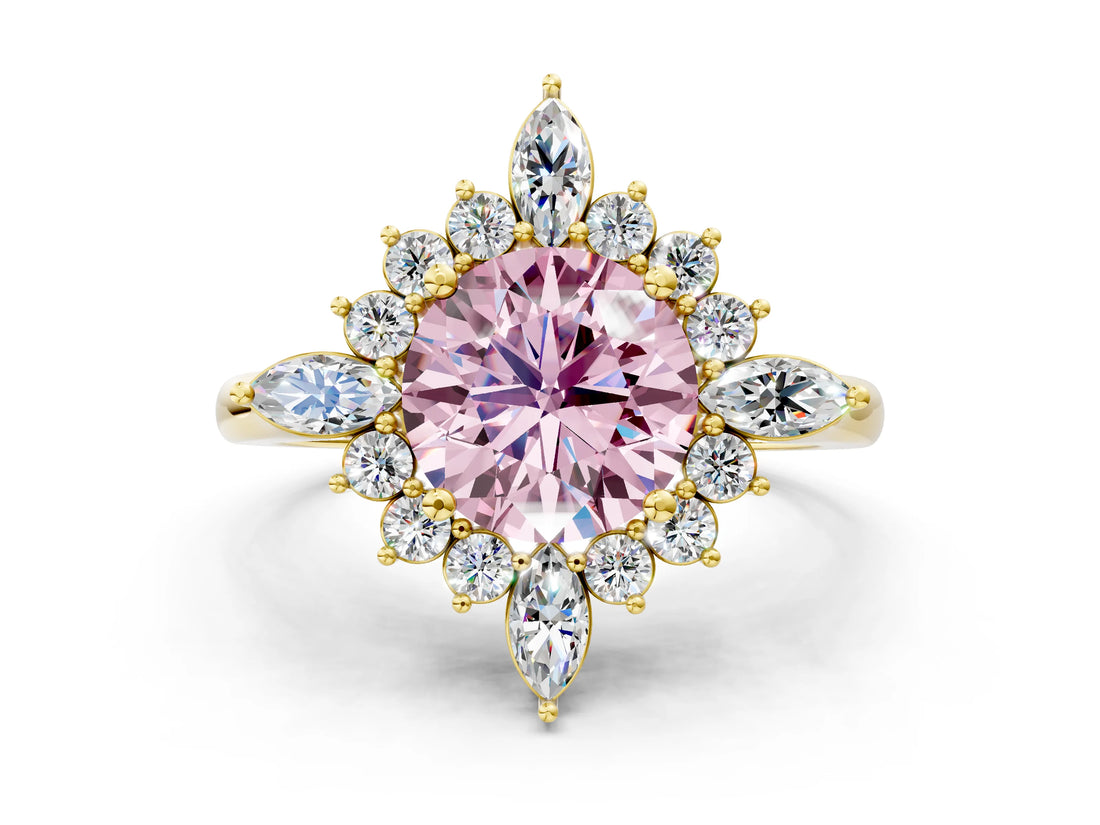 Yellow gold Fancy Pink Round Cut Halo Diamond Cluster Ring with Marquise and Round Stones on a White Gold Band with Prong Setting