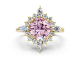 Yellow gold Fancy Pink Round Cut Halo Diamond Cluster Ring with Marquise and Round Stones on a White Gold Band with Prong Setting