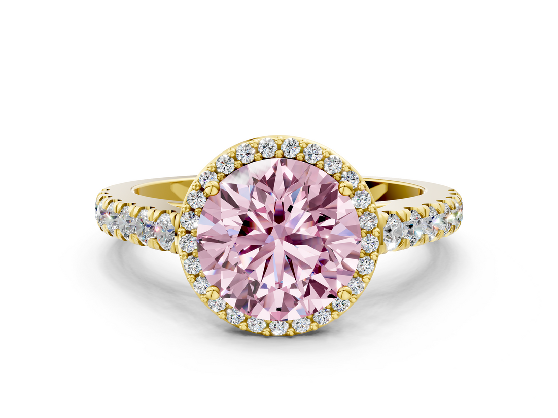 Yellow gold Fancy Pink Round  Cut Halo Diamond Engagement Ring with Pave Band and Four-Prong Setting