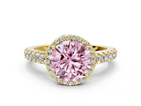 Yellow gold Fancy Pink Round  Cut Halo Diamond Engagement Ring with Pave Band and Four-Prong Setting