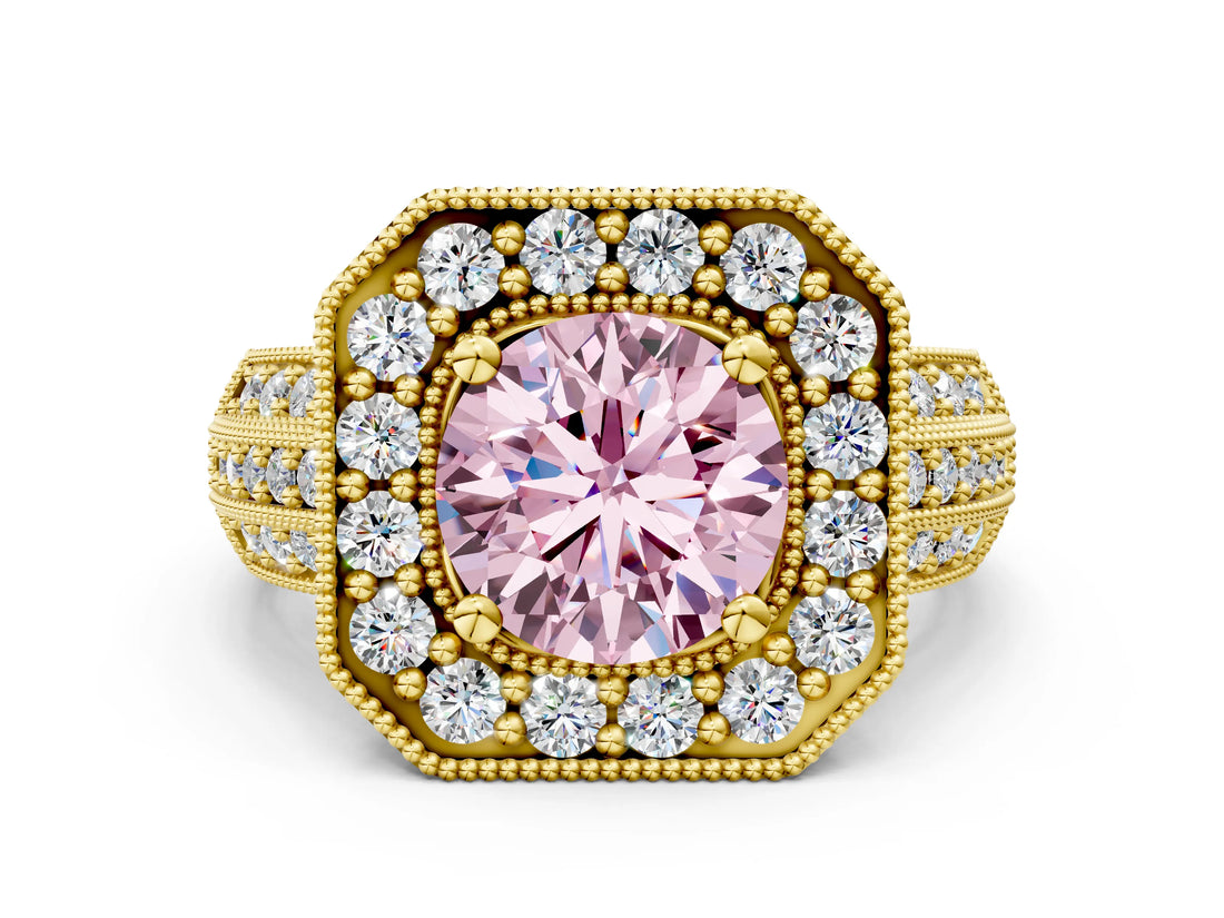 Yellow gold Fancy Pink Round Cut Halo Diamond Engagement Ring with Pave Split Shank and Four-Prong Setting