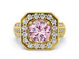 Yellow gold Fancy Pink Round Cut Halo Diamond Engagement Ring with Pave Split Shank and Four-Prong Setting