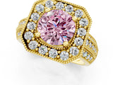 Yellow gold Fancy Pink Round Cut Halo Diamond Engagement Ring with Pave Split Shank and Four-Prong Setting_1