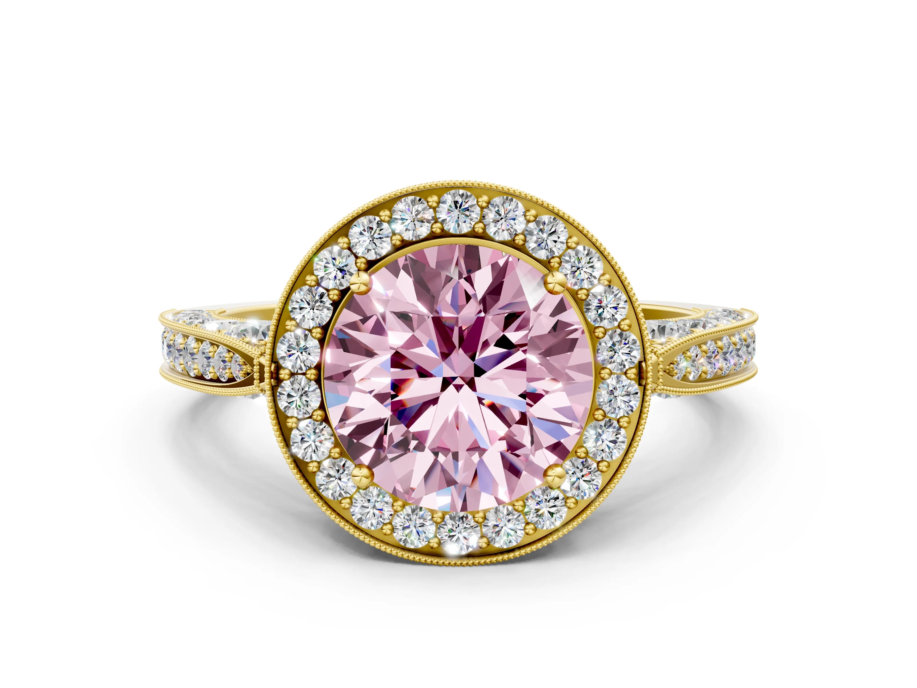 Yellow gold Fancy Pink Round Cut Halo Diamond Engagement Ring with Split Shank Band and Four-Prong Setting