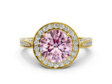 Yellow gold Fancy Pink Round Cut Halo Diamond Engagement Ring with Split Shank Band and Four-Prong Setting