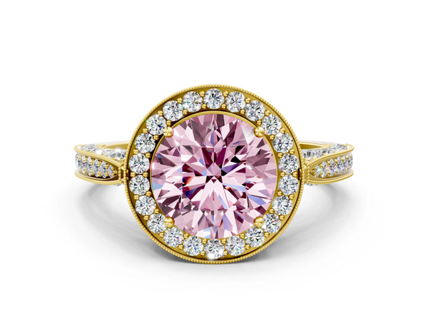 Yellow gold Fancy Pink Round Cut Halo Diamond Engagement Ring with Split Shank Band and Four-Prong Setting