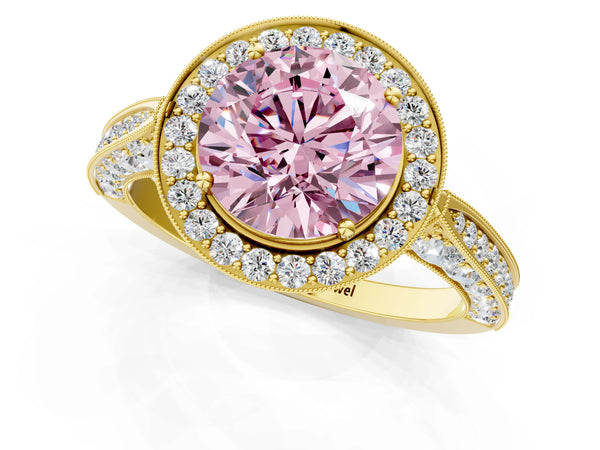 Yellow gold Fancy Pink Round Cut Halo Diamond Engagement Ring with Split Shank Band and Four-Prong Setting