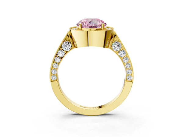 Yellow gold Fancy Pink Round Cut Halo Diamond Engagement Ring with Split Shank Band and Four-Prong Setting