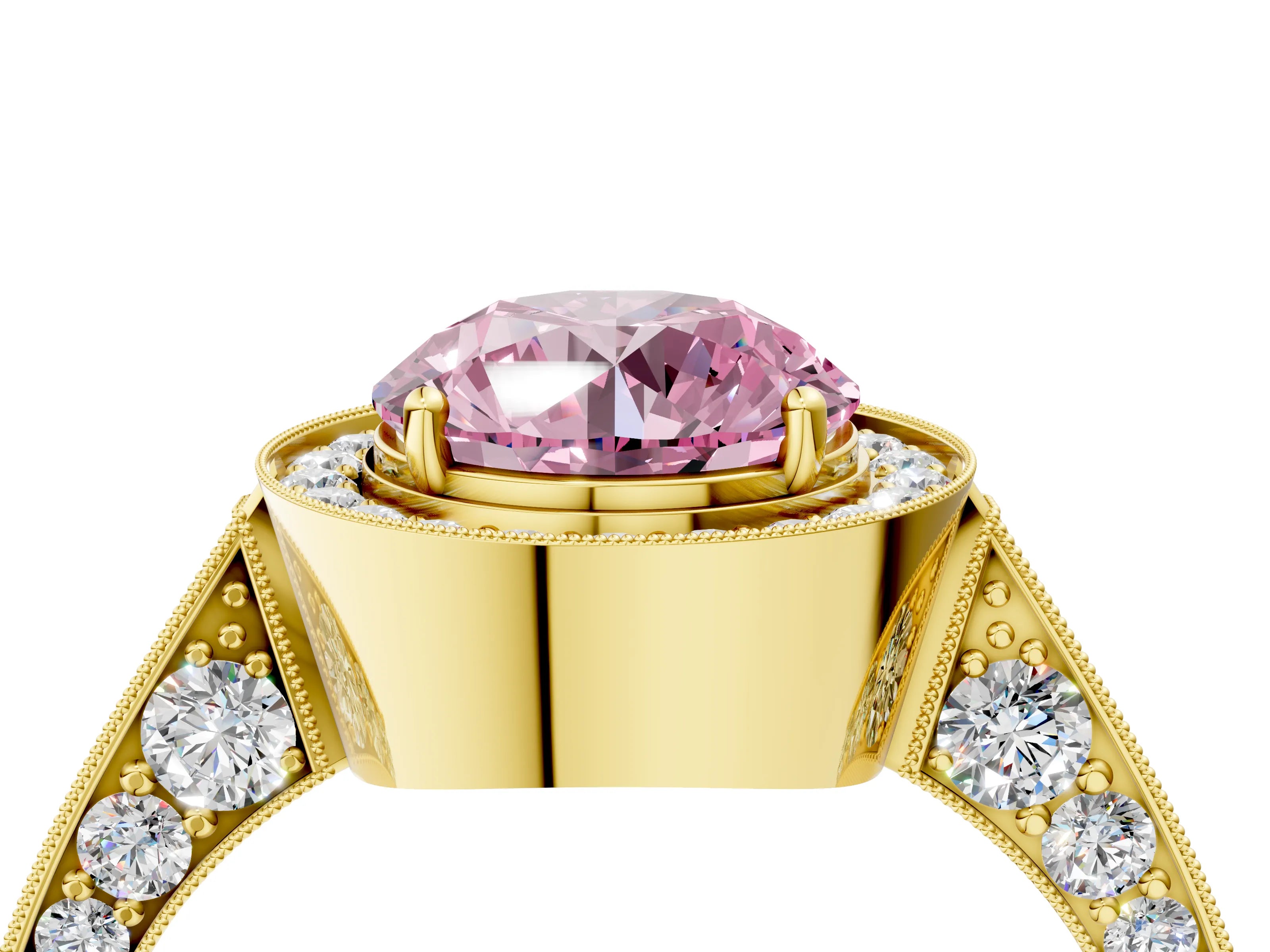 Yellow gold Fancy Pink Round Cut Halo Diamond Engagement Ring with Split Shank Band and Four-Prong Setting_4