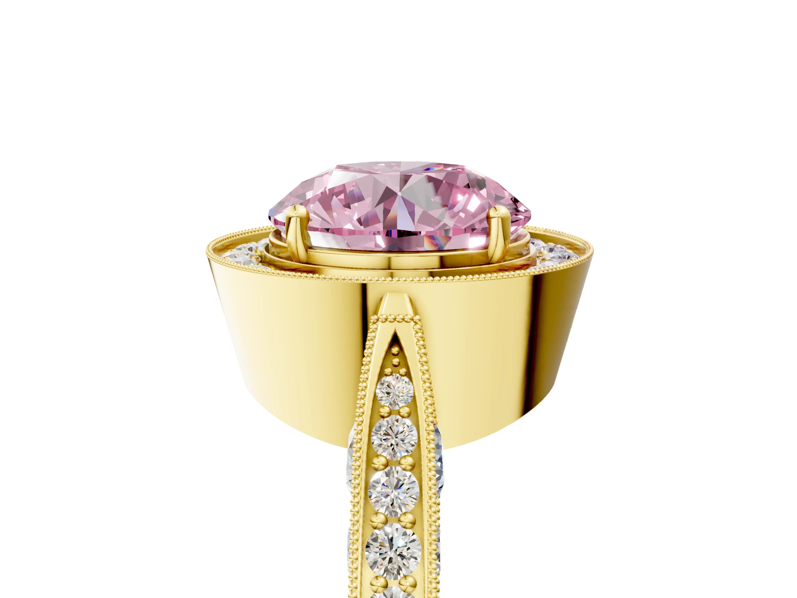 Yellow gold Fancy Pink Round Cut Halo Diamond Engagement Ring with Split Shank Band and Four-Prong Setting_5