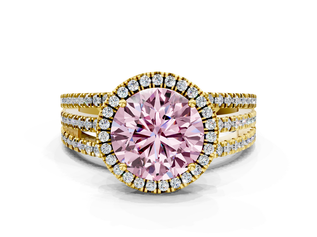 Yellow gold Fancy Pink Round  Cut Halo Diamond Engagement Ring with Split Shank and Four-Prong Setting