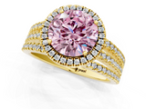 Yellow gold Fancy Pink Round  Cut Halo Diamond Engagement Ring with Split Shank and Four-Prong Setting_1