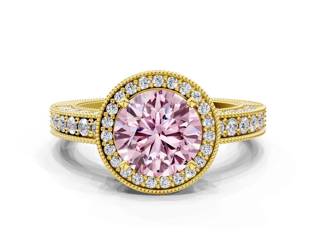 Yellow gold Fancy Pink Round  Cut Halo Diamond Pave Band Ring with Four-Prong Setting