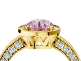 Yellow gold Fancy Pink Round  Cut Halo Diamond Pave Band Ring with Four-Prong Setting_4