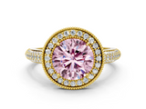 Yellow gold Fancy Pink Round  Cut Halo Diamond Pave Band with Four-Prong Setting