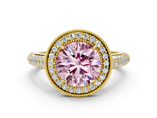 Yellow gold Fancy Pink Round  Cut Halo Diamond Pave Band with Four-Prong Setting