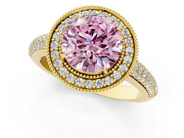 Yellow gold Fancy Pink Round  Cut Halo Diamond Pave Band with Four-Prong Setting