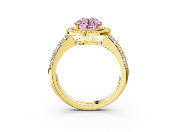 Yellow gold Fancy Pink Round  Cut Halo Diamond Pave Band with Four-Prong Setting