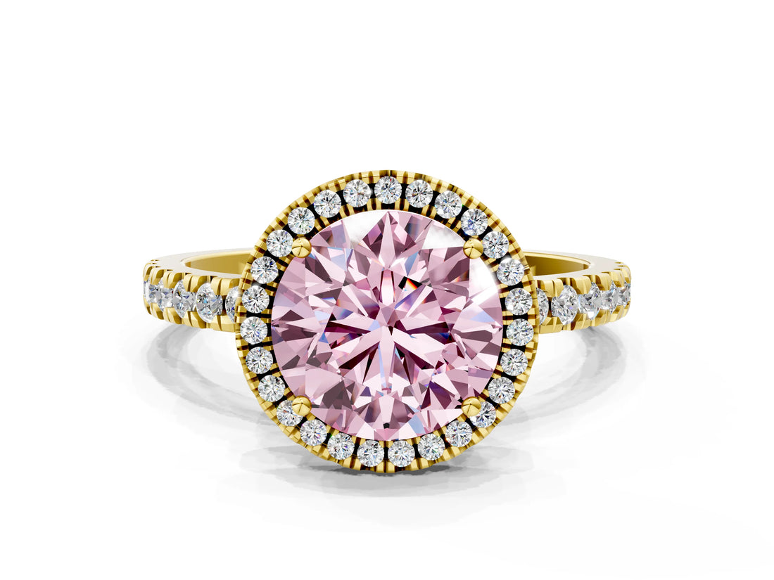 Yellow gold Fancy Pink Round Cut Halo Diamond Pave Band with Prong Setting