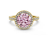 Yellow gold Fancy Pink Round Cut Halo Diamond Pave Band with Prong Setting