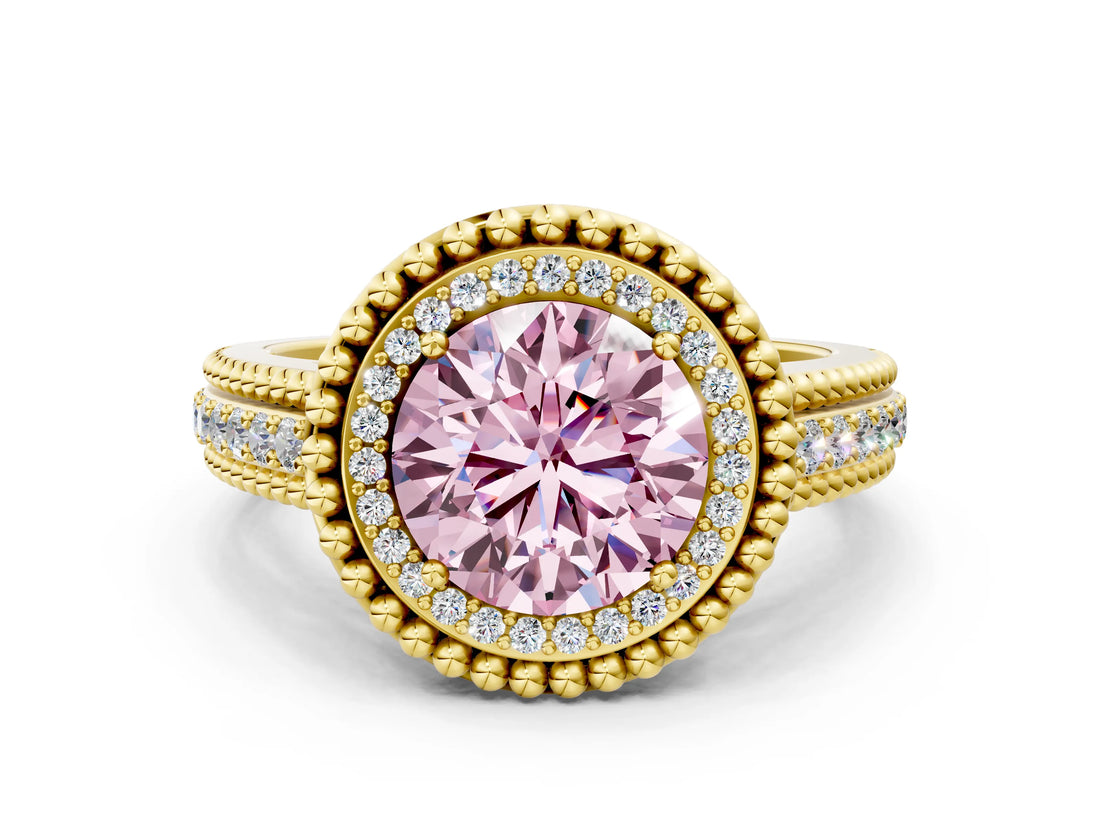 Yellow gold Fancy Pink Round Cut Halo Diamond Ring with Beaded Split Shank and Four-Prong Setting