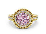 Yellow gold Fancy Pink Round Cut Halo Diamond Ring with Beaded Split Shank and Four-Prong Setting