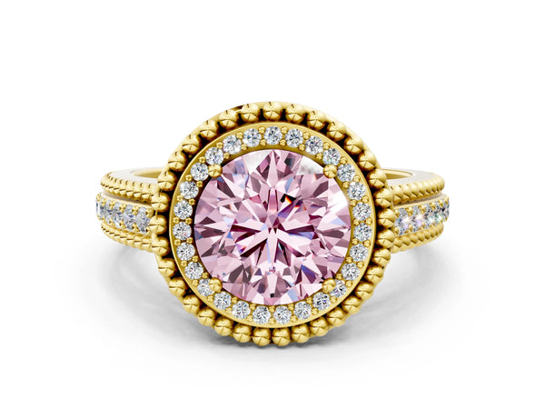 Yellow Gold Round Beaded Halo Engagement Ring Setting for Fancy Pink Center with Pave