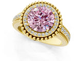 Yellow gold Fancy Pink Round Cut Halo Diamond Ring with Beaded Split Shank and Four-Prong Setting_1