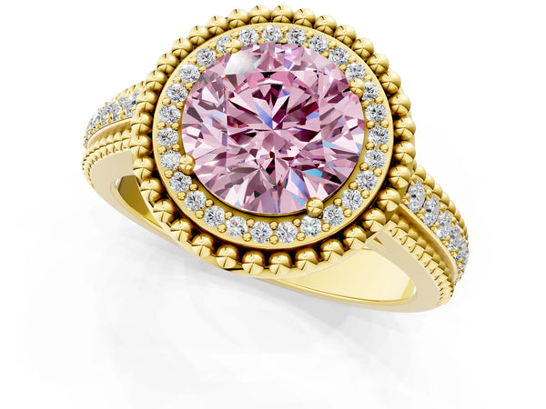 Yellow Gold Round Beaded Halo Engagement Ring Setting for Fancy Pink Center with Pave