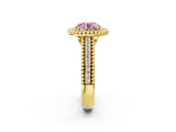 Yellow gold Fancy Pink Round Cut Halo Diamond Ring with Beaded Split Shank and Four-Prong Setting_2