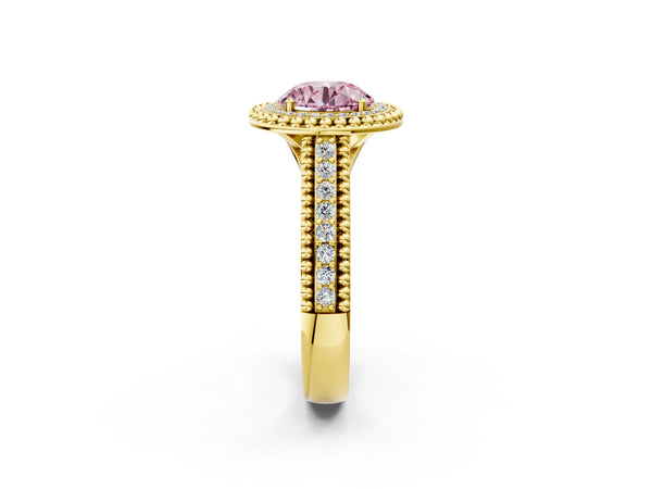 Yellow Gold Round Beaded Halo Engagement Ring Setting for Fancy Pink Center with Pave