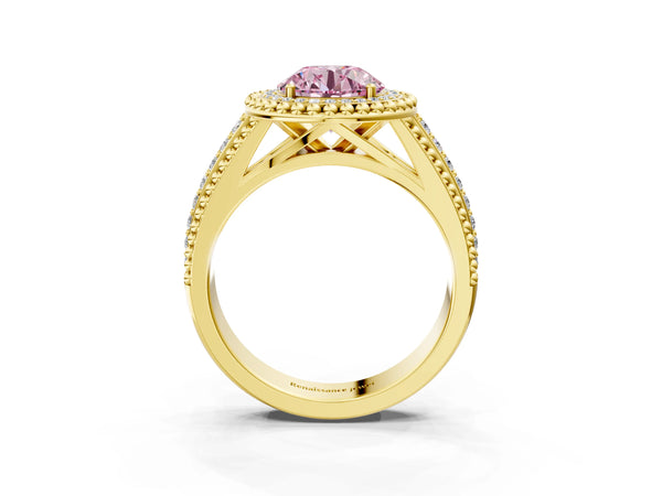 Yellow Gold Round Beaded Halo Engagement Ring Setting for Fancy Pink Center with Pave