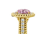 Yellow gold Fancy Pink Round Cut Halo Diamond Ring with Beaded Split Shank and Four-Prong Setting_5